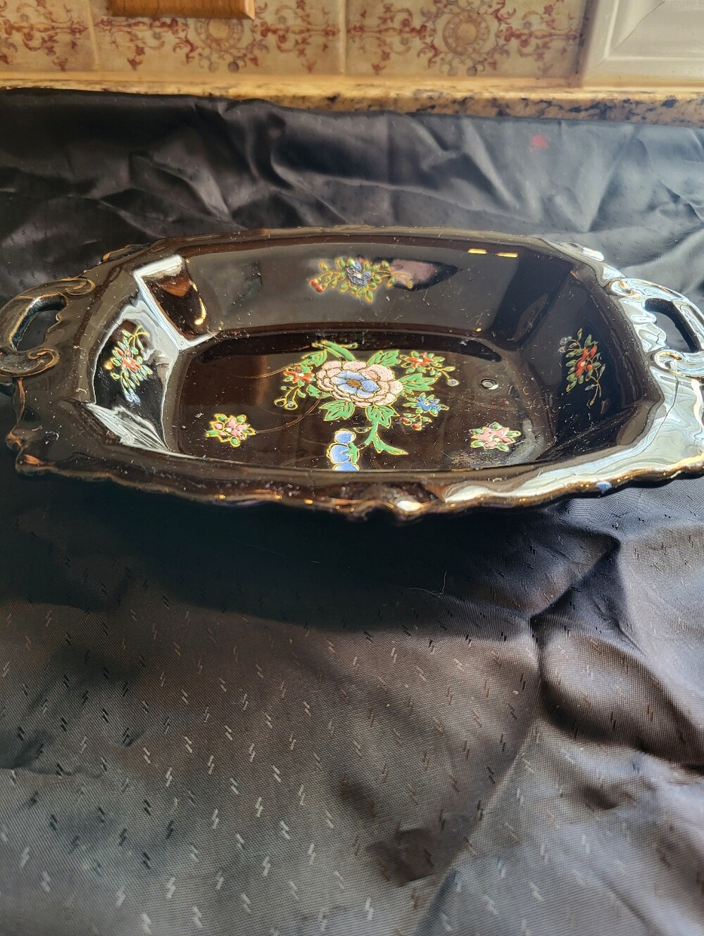 Black Porcelain 2 x 9.5 x 7 Inch Handled Serving Tray with Floral Motif